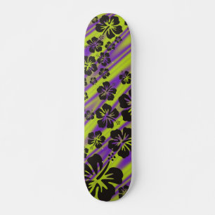 hibiscus blooms in black   green violet waves skateboard