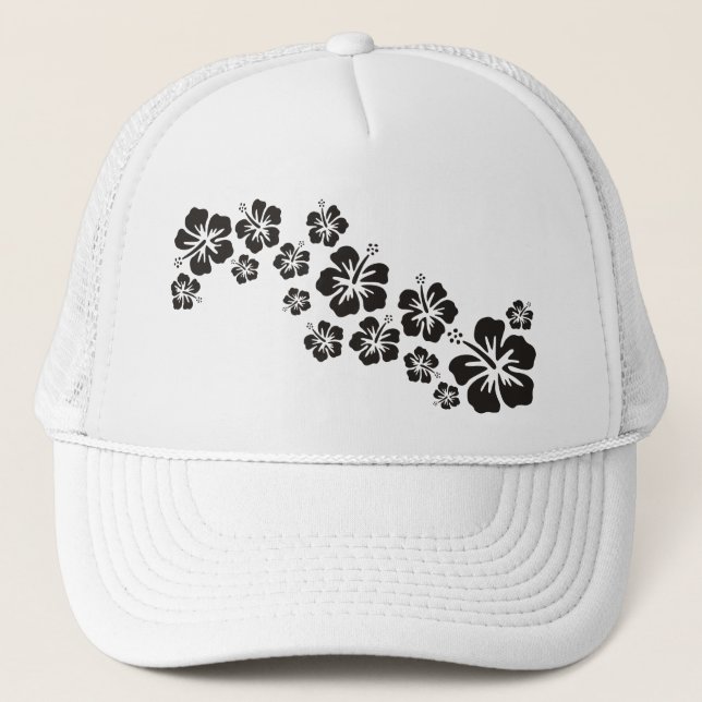 hibiscus blooms in black trucker hat (Front)