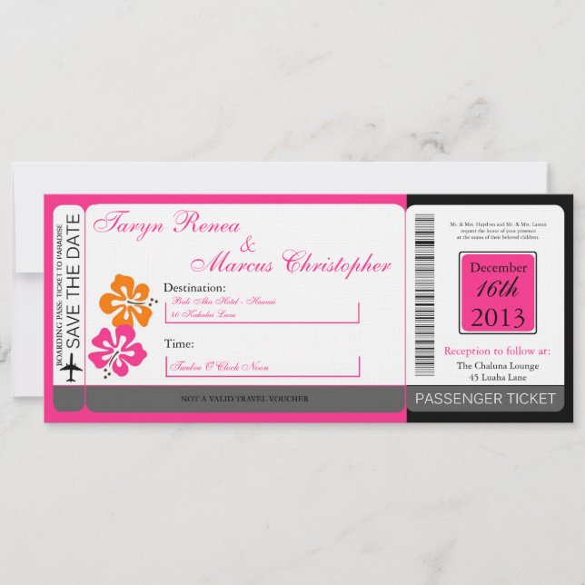 Hibiscus Boarding Pass Linen Wedding Invitation (Front)
