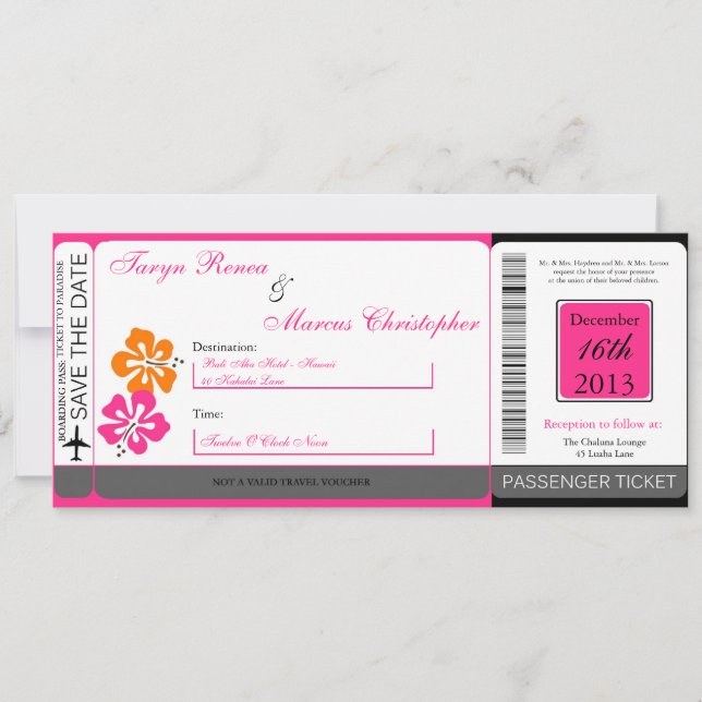 Hibiscus Boarding Pass Linen Wedding Invitation (Front)