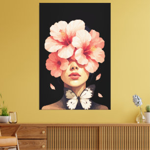 Hibiscus & Butterfly – Modern Floral Botanical Canvas Print