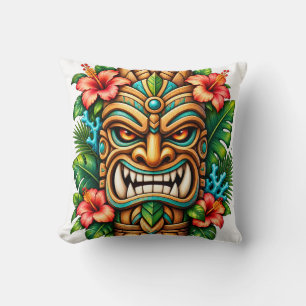 Hibiscus Crown Tiki Guardian 16in Throw Pillow