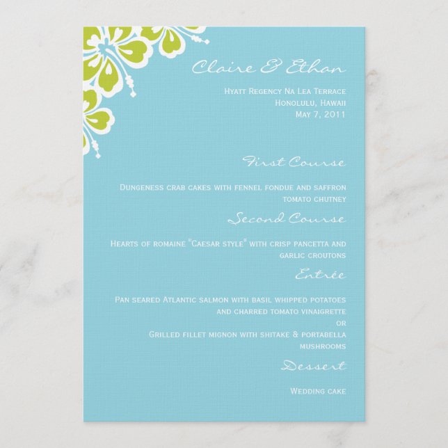 Hibiscus Delight Wedding Menu Card - Sky Blue (Front)