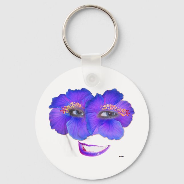 Hibiscus Face with Smile - Blue Key Ring (Front)