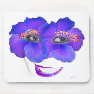 Hibiscus Face with Smile - Blue Mouse Mat