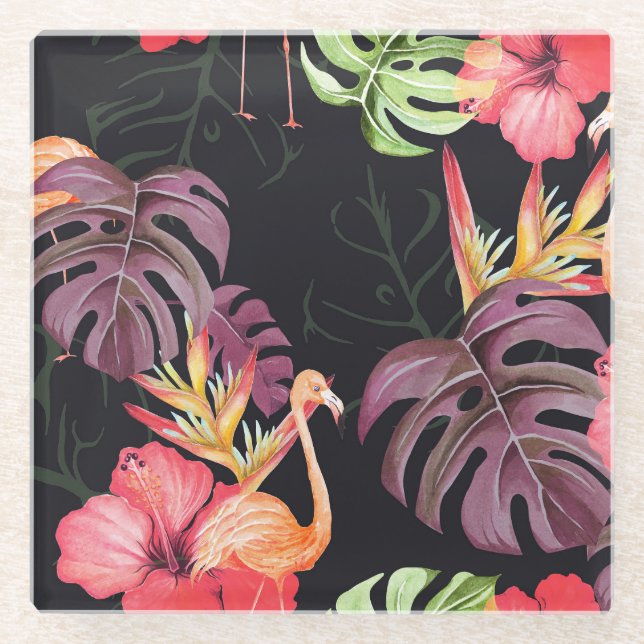 Hibiscus, Flamingos, Watercolor Tropical Pattern. Glass Coaster (Front)