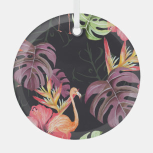 Hibiscus, Flamingos, Watercolor Tropical Pattern. Glass Tree Decoration