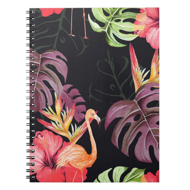 Hibiscus, Flamingos, Watercolor Tropical Pattern. Notebook (Front)