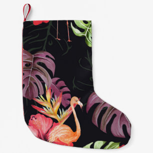 Hibiscus, Flamingos, Watercolor Tropical Pattern. Small Christmas Stocking
