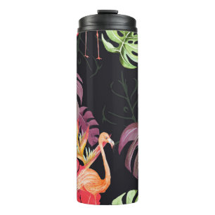 Hibiscus, Flamingos, Watercolor Tropical Pattern. Thermal Tumbler