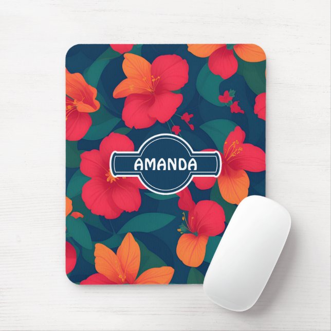 Hibiscus Floral Colourful Personalised Pattern Mouse Mat (With Mouse)