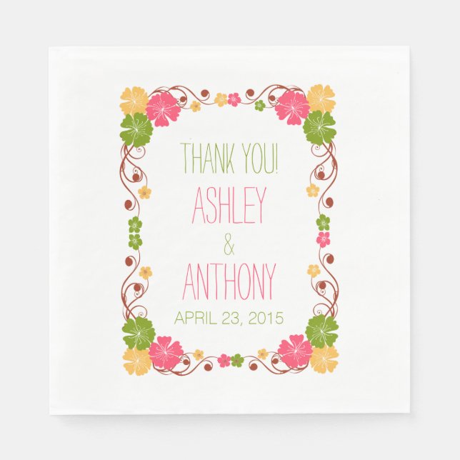 Hibiscus Floral Frame Personalised Wedding Napkin (Front)