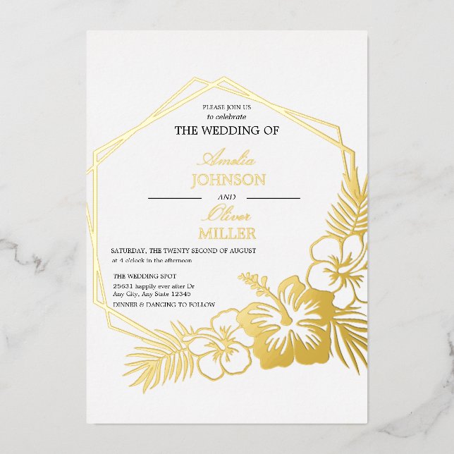 Hibiscus Floral Hexagon Frame Wedding Gold (Front)