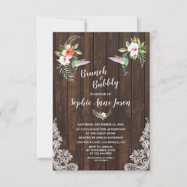 Hibiscus Floral Hummingbird Wood Brunch and Bubbly Invitation (Front)