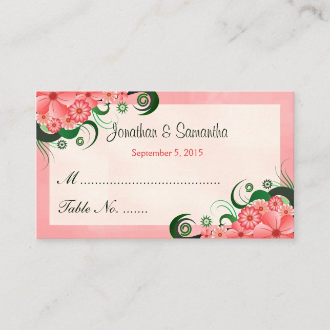 Hibiscus Floral Pink Wedding Table Place Cards (Front)