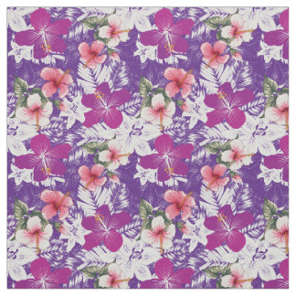 Hibiscus floral print purple pink white and green fabric