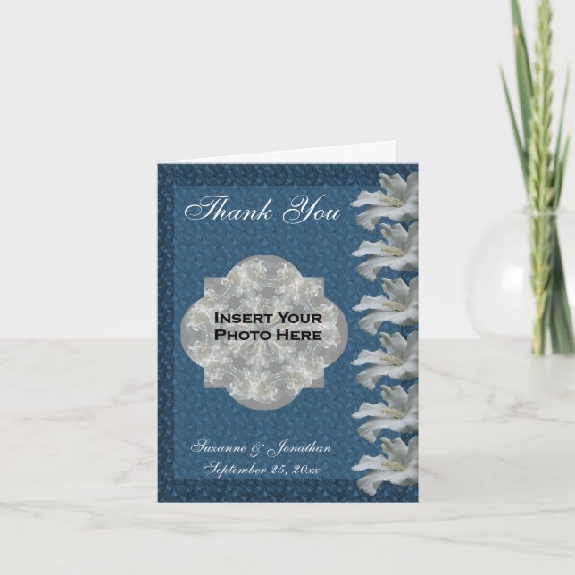 Hibiscus Flower Blue Personalised Wedding Photo  Thank You Card (Front)