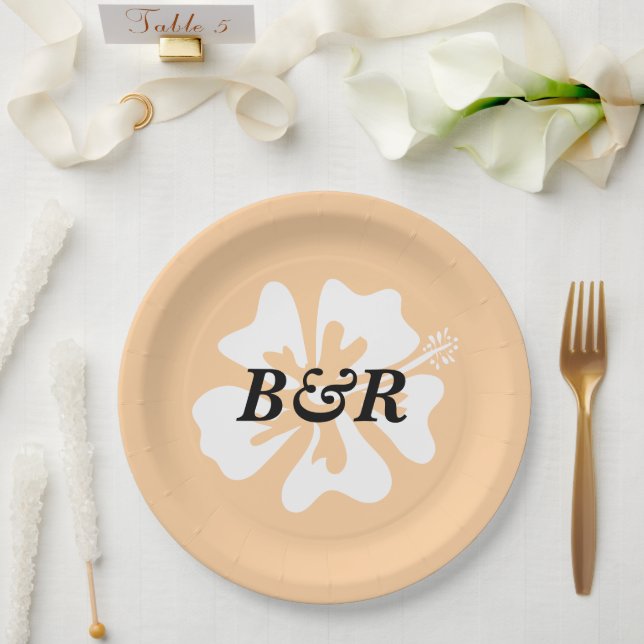 Hibiscus flower logo personalised tropical wedding paper plate (Wedding)