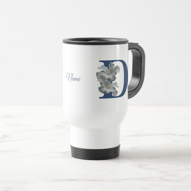 Hibiscus Flower Monogram Initial D Personalised Travel Mug (Front Right)