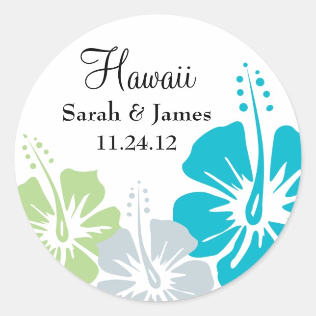 Hibiscus Flower Monogram Wedding Classic Round Sticker (Front)