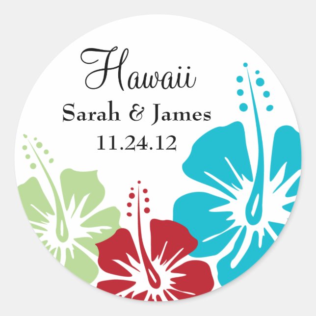 Hibiscus Flower Monogram Wedding Classic Round Sticker (Front)
