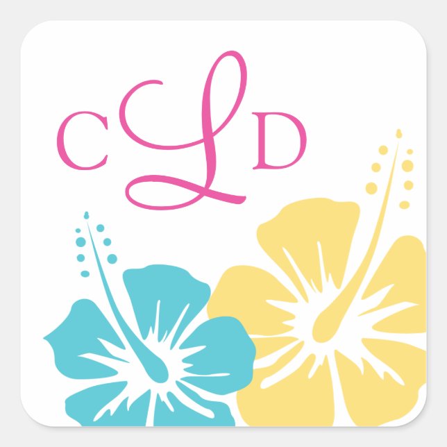Hibiscus Flower Monogram Wedding Square Sticker (Front)