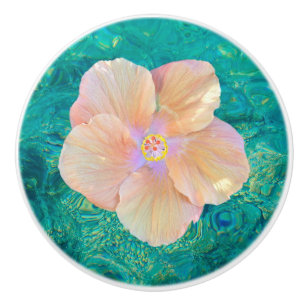 Hibiscus flower on turquoise water ceramic knob