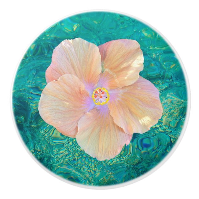 Hibiscus flower on turquoise water ceramic knob (Front)
