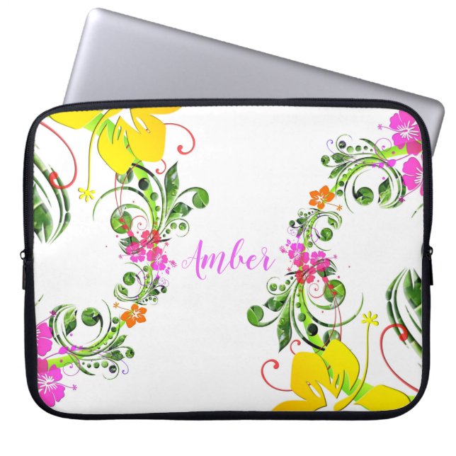 Hibiscus flower tropical floral white pink green laptop sleeve (Front)