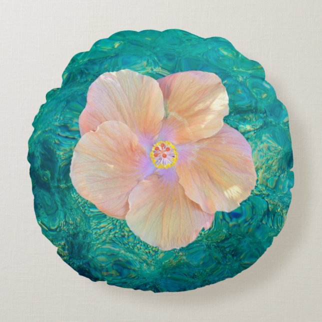 Hibiscus flower turquoise ocean pink floral round cushion (Front)