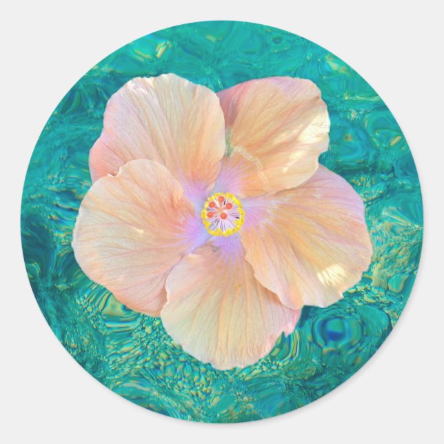 Hibiscus flower turquoise ocean water Hawaiian Classic Round Sticker (Front)