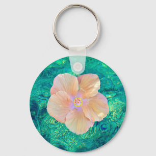Hibiscus flower turquoise ocean water Hawaiian Key Ring