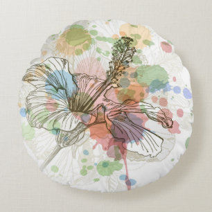 Hibiscus flower & watercolor background round cushion