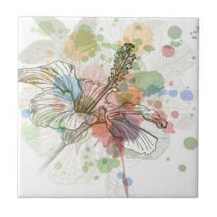Hibiscus flower & watercolor background tile