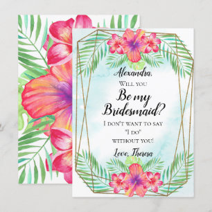 Hibiscus Flower Watercolor Beach Be my Bridesmaid Invitation