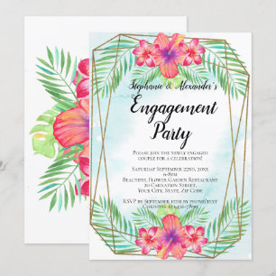Hibiscus Flower Watercolor Beach Engagement Party Invitation