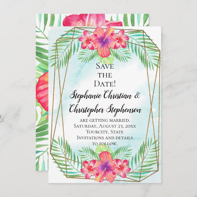 Hibiscus Flower Watercolor Beach Save the Date Invitation (Front/Back)