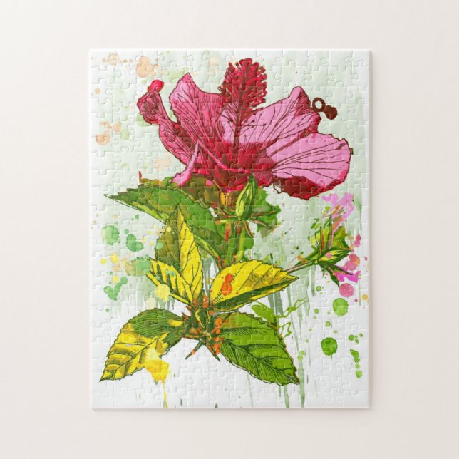Hibiscus flower - watercolor paint jigsaw puzzle (Vertical)
