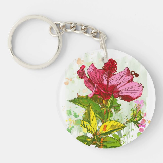 Hibiscus flower - watercolor paint key ring (Front)