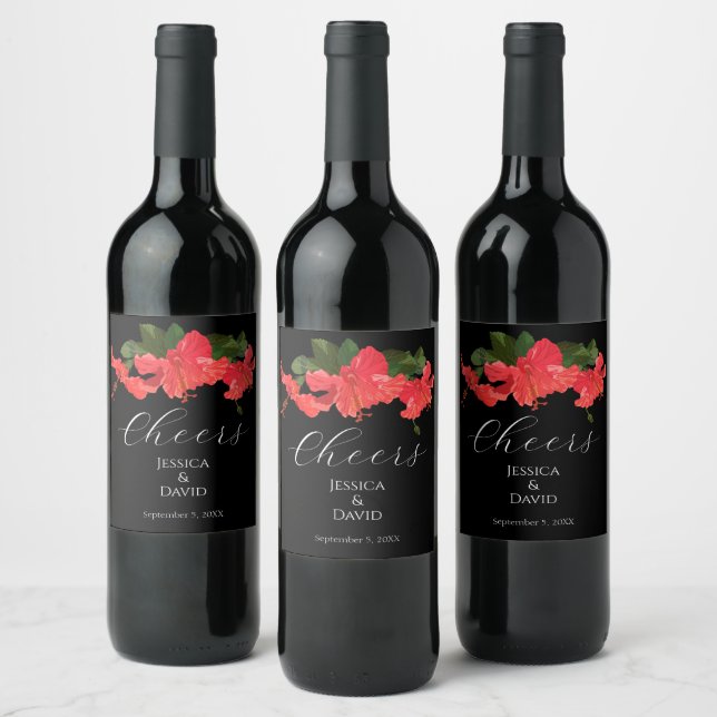 Hibiscus Flower Wedding Wine Bottle Labels (Bottles)