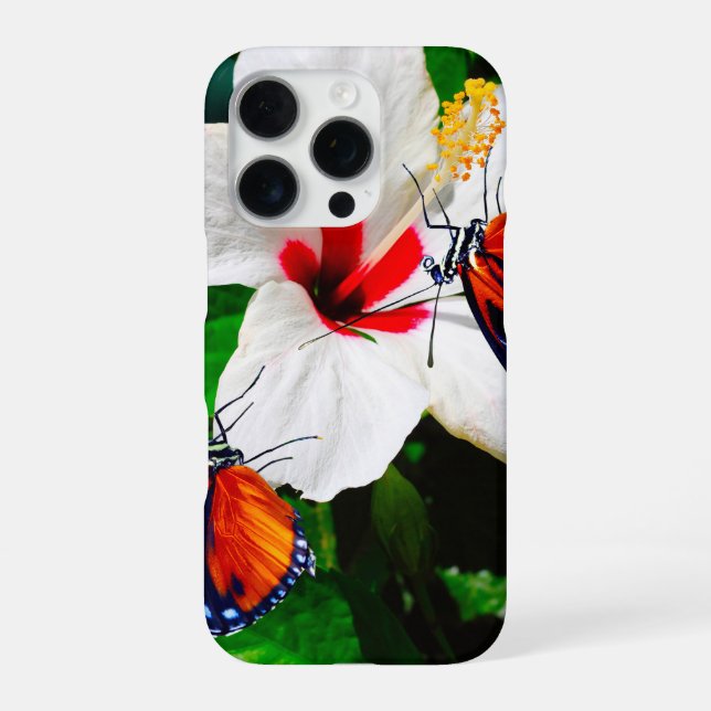 Hibiscus flower with 2 Tiger Longwing butterflies iPhone Case (Back)