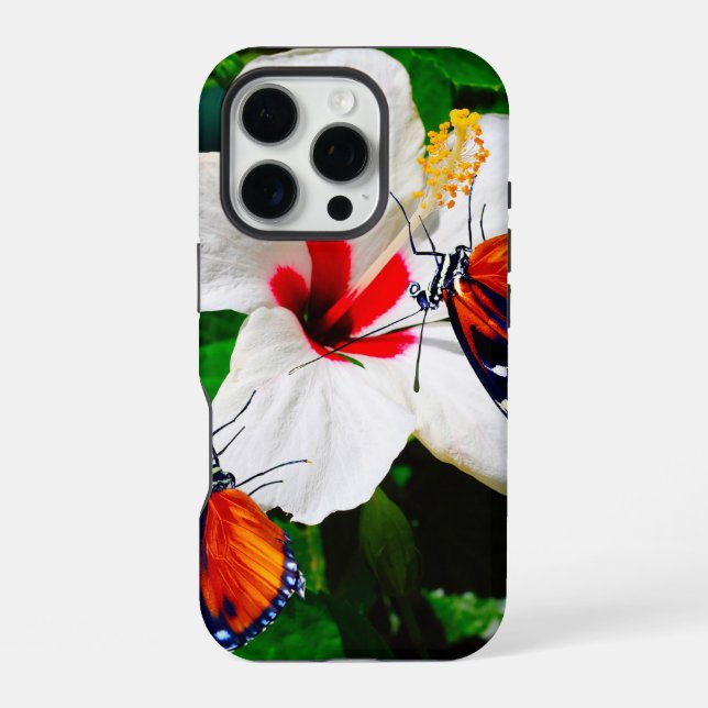 Hibiscus flower with 2 Tiger Longwing butterflies iPhone Case (Back)