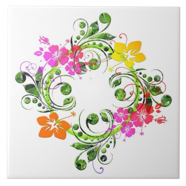 Hibiscus flower wreath ceramic tile (Front)