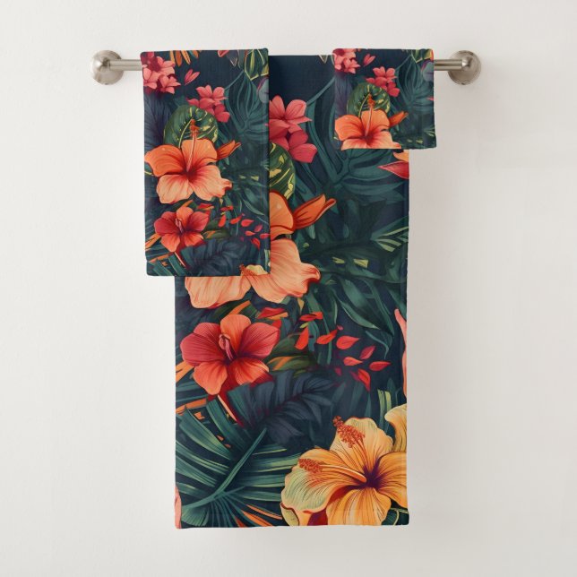 Hibiscus Flowers, A Tropical Floral Pattern Bath Towel Set (Insitu)