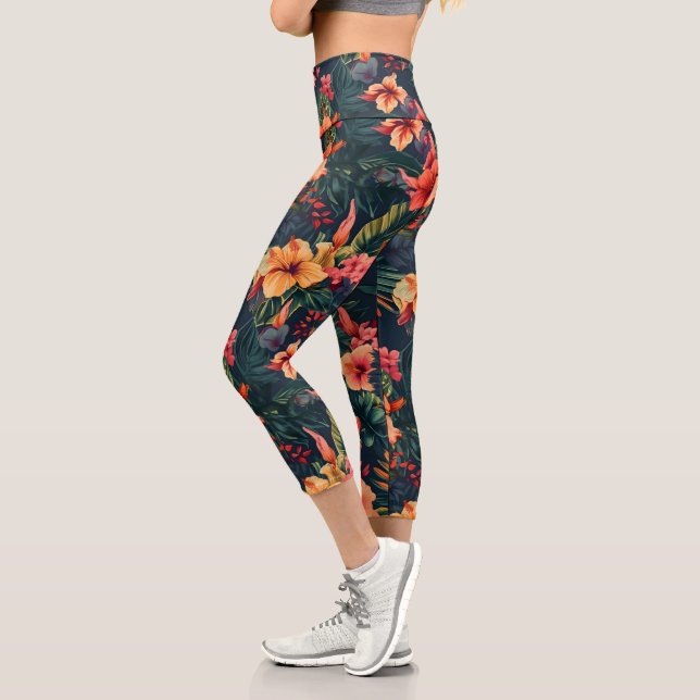 Hibiscus Flowers, A Tropical Floral Pattern Capri Leggings (Left)
