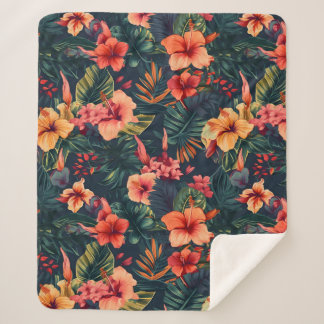 Hibiscus Flowers, A Tropical Floral Pattern Sherpa Blanket