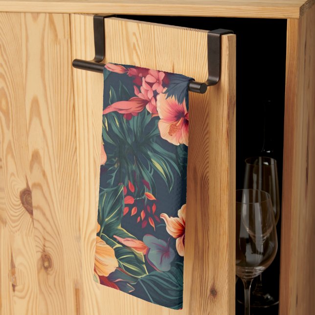 Hibiscus Flowers, A Tropical Floral Pattern Tea Towel (Thirds Fold)
