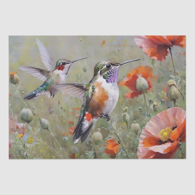 Hibiscus Flowers and Hummingbird Decoupage Tissue Paper (Front)