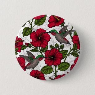 Hibiscus flowers and hummingbirds 6 cm round badge
