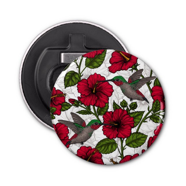 Hibiscus flowers and hummingbirds bottle opener (Front)